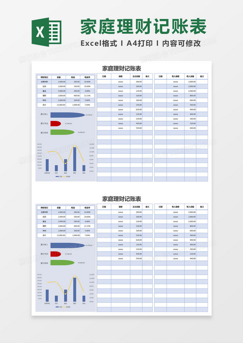 蓝色简约家庭理财记账表excel模版