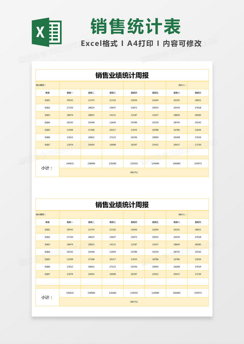 黄色简约销售业绩统计周报excel模版