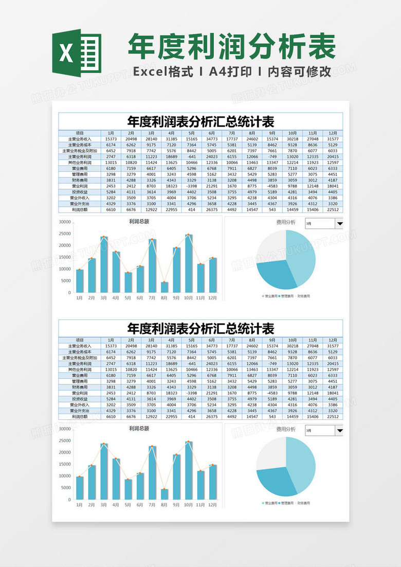 蓝色简约年度利润表分析汇总统计表excel模版