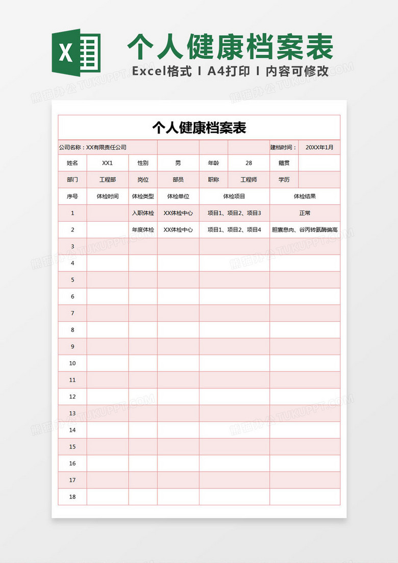 红色简约个人健康档案表excel模版 红色简约个人健康档案表excel模版