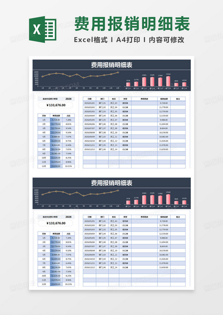 简约费用报销明细表登记表excel模版