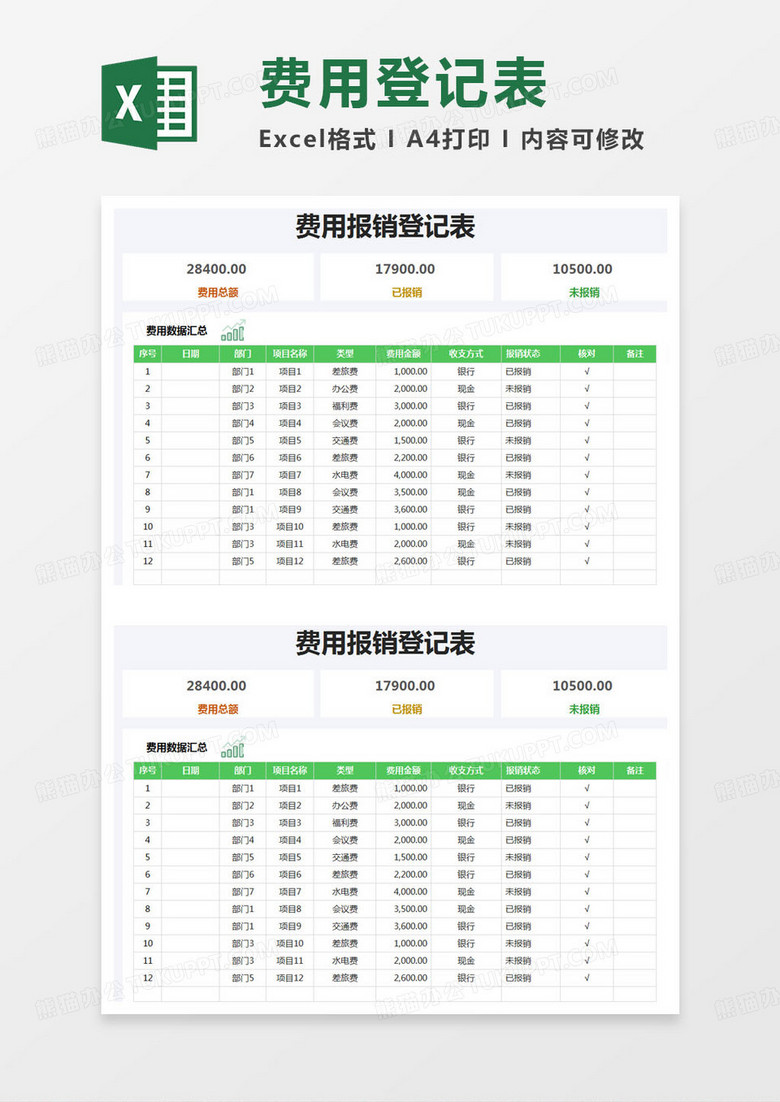简约费用报销登记表明细表excel模版 简约费用报销登记表明细表excel模版