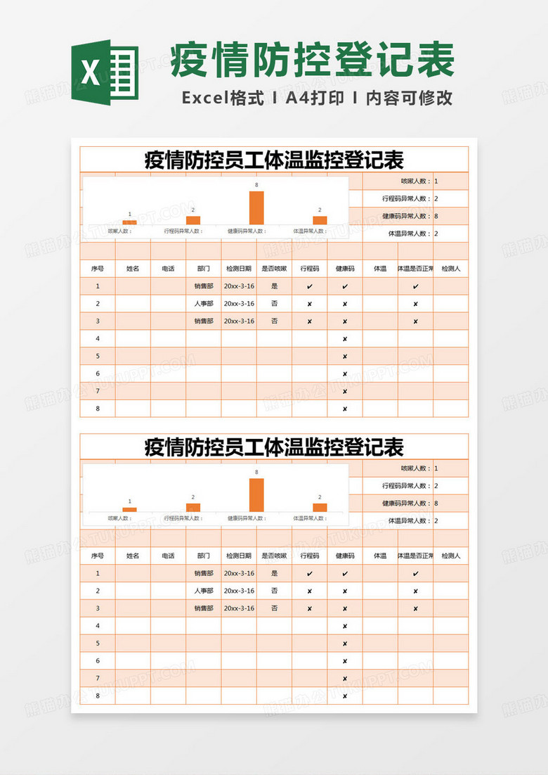 简约疫情防控员工体温监控登记表excel模版