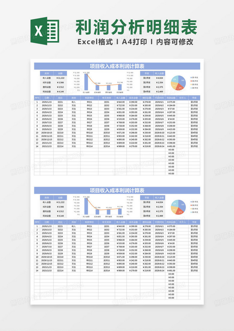 简约项目收入成本利润计算表excel模版 简约项目收入成本利润计算表excel模版