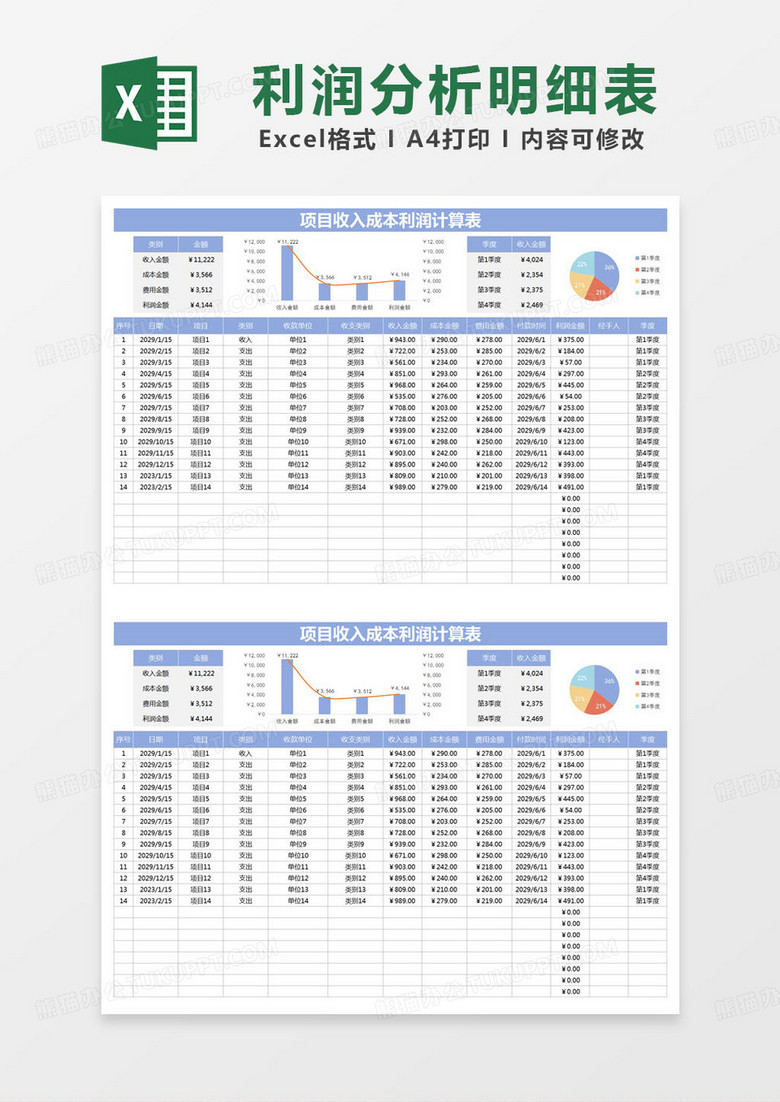 简约项目收入成本利润计算表excel模版