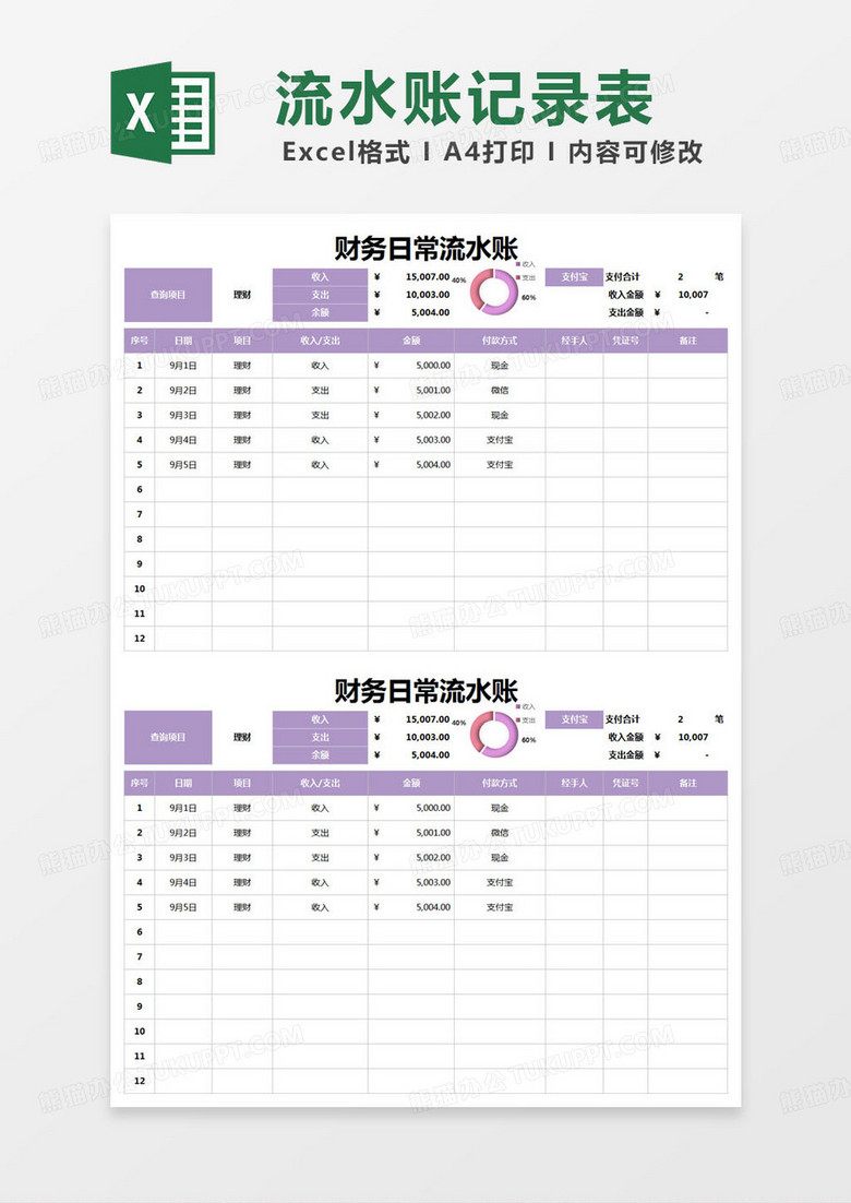 简约财务日常流水账excel模版