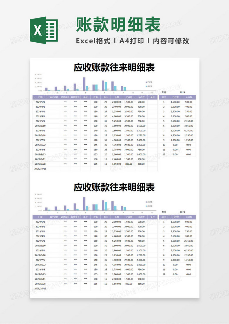 简约应收账款往来明细表excel模版 简约应收账款往来明细表excel模版
