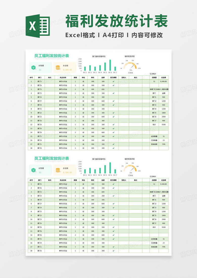 简约员工福利发放统计表excel模版 简约员工福利发放统计表excel模版
