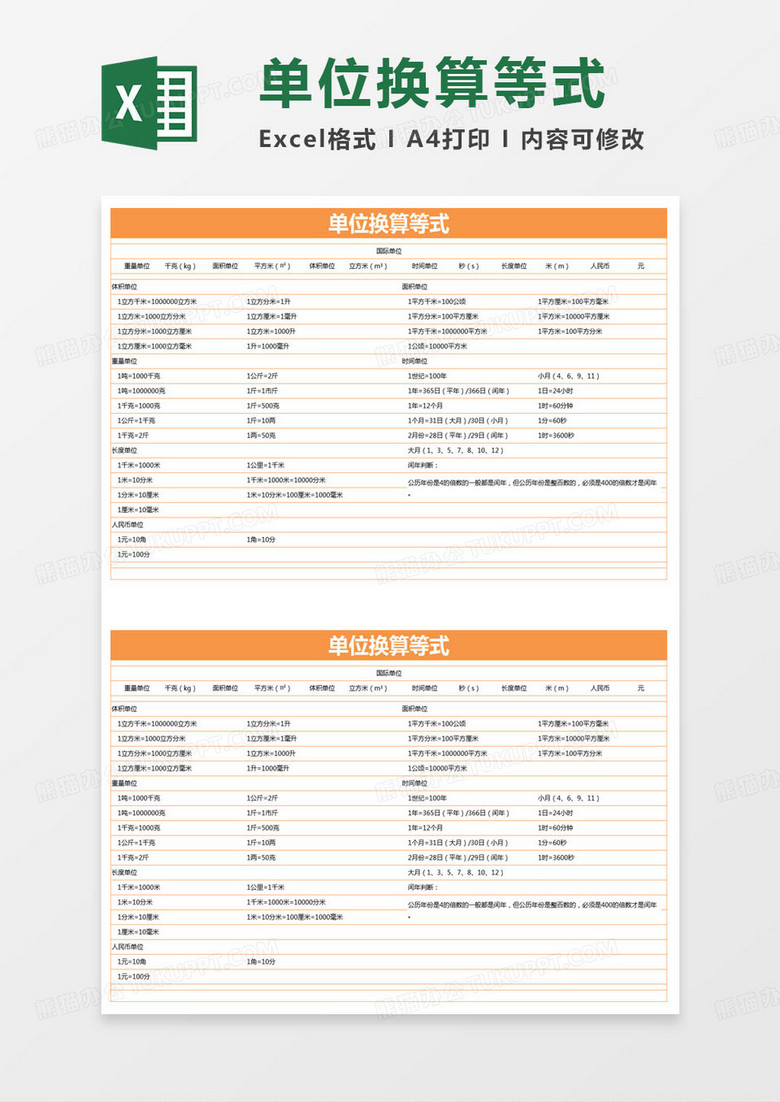 简约单位换算等式excel模版 简约单位换算等式excel模版