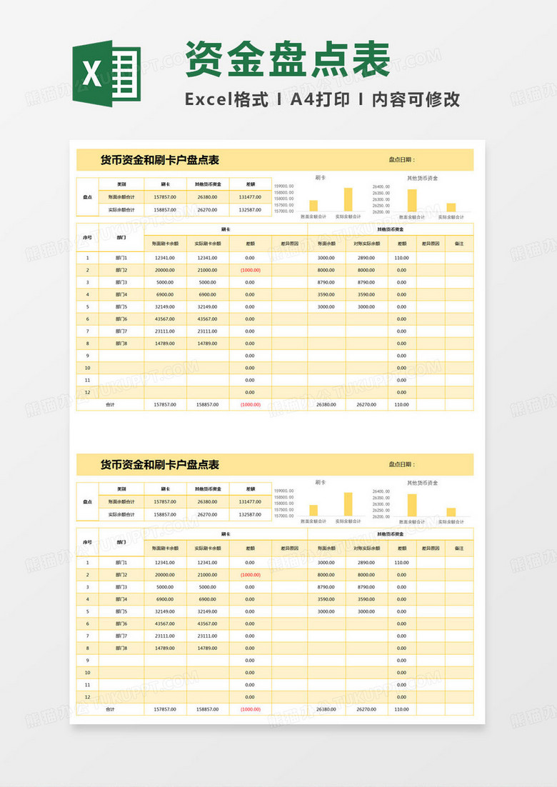 简约货币资金和刷卡户盘点表excel模版