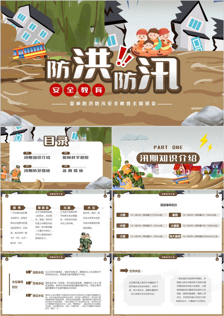 灰色卡通风防洪防汛安全教育PPT模板