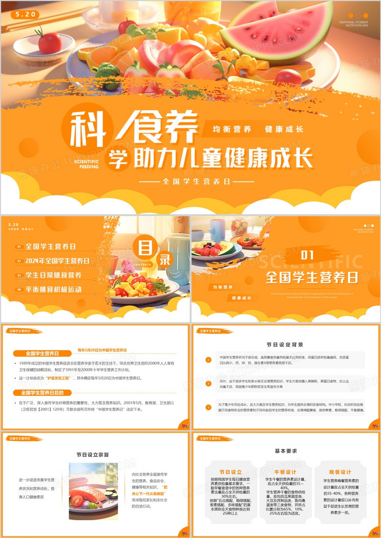 橙色插画风全国学生营养日介绍PPT模板