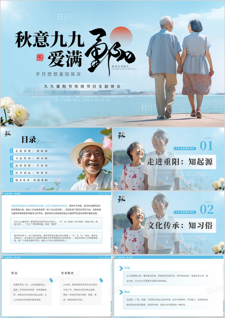 蓝色简约风传统节日重阳节PPT模板 蓝色简约风传统节日重阳节PPT模板