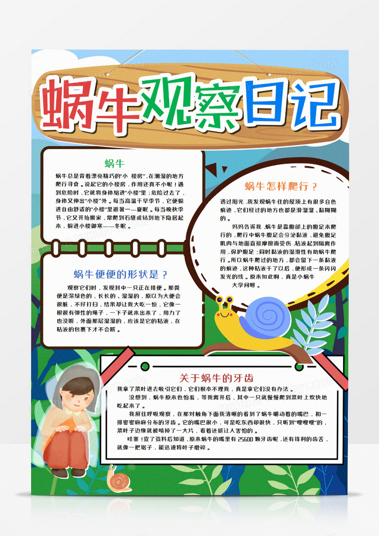 蜗牛观察日记竖版手抄报word模板  