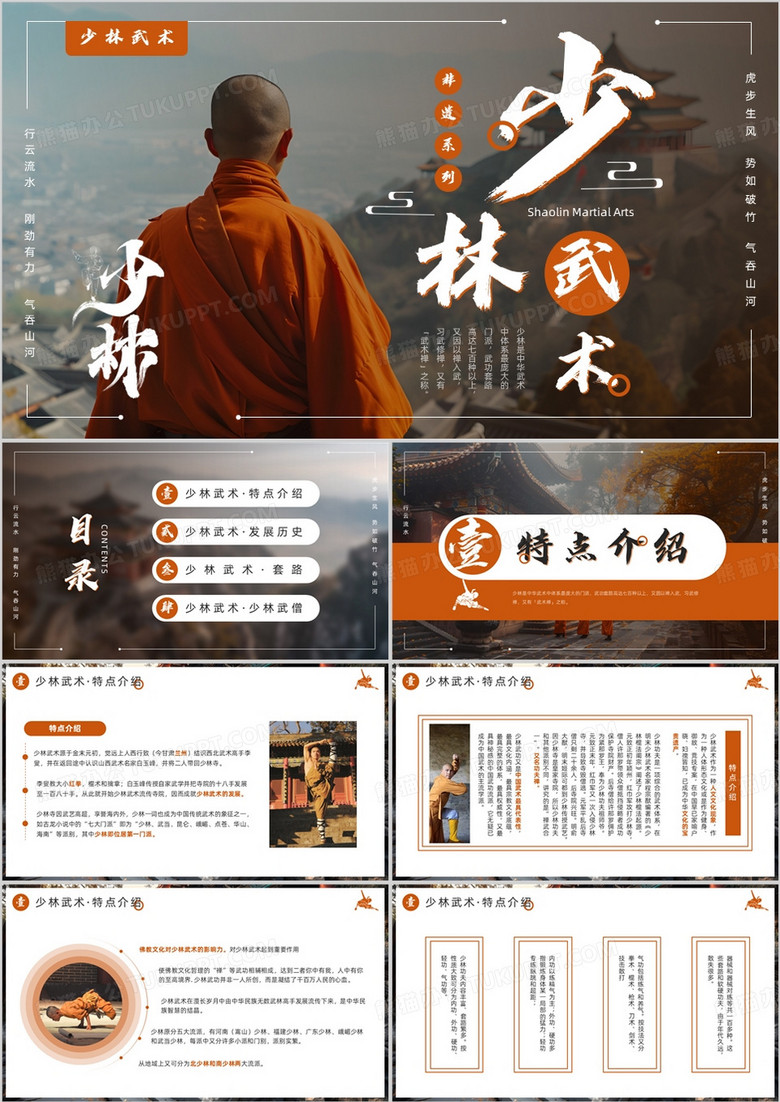棕色簡(jiǎn)約風(fēng)非遺系列之少林武術(shù)PPT模板