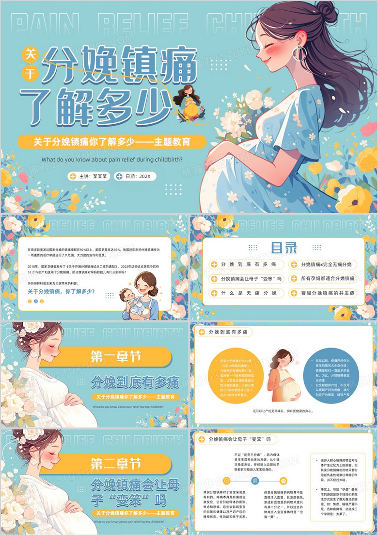 蓝色插画风孕妇分娩镇痛科普PPT模板