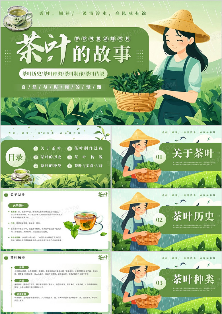 绿色插画风茶叶的故事PPT模板