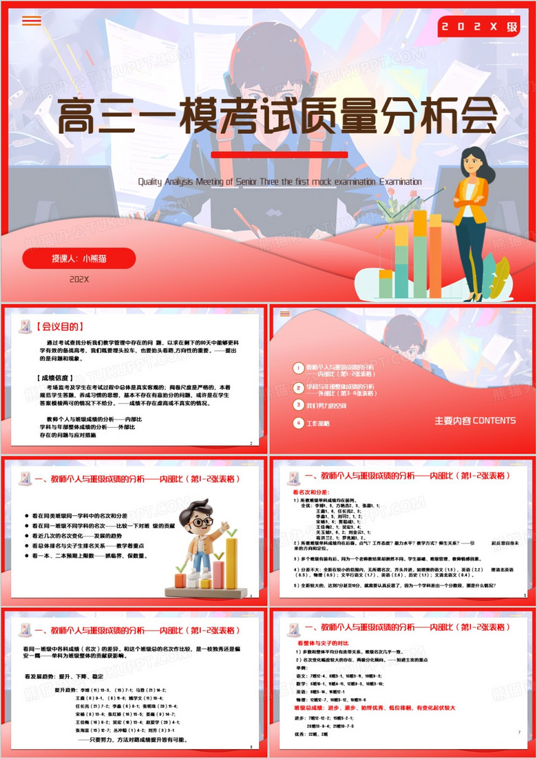 红色卡通风考试质量分析会PPT模板