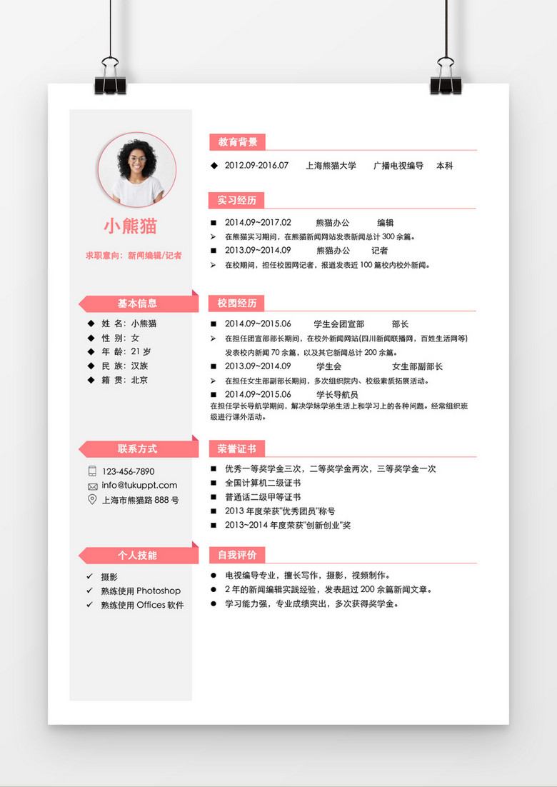 简约优雅风格西瓜风记者求职简历word简历模板