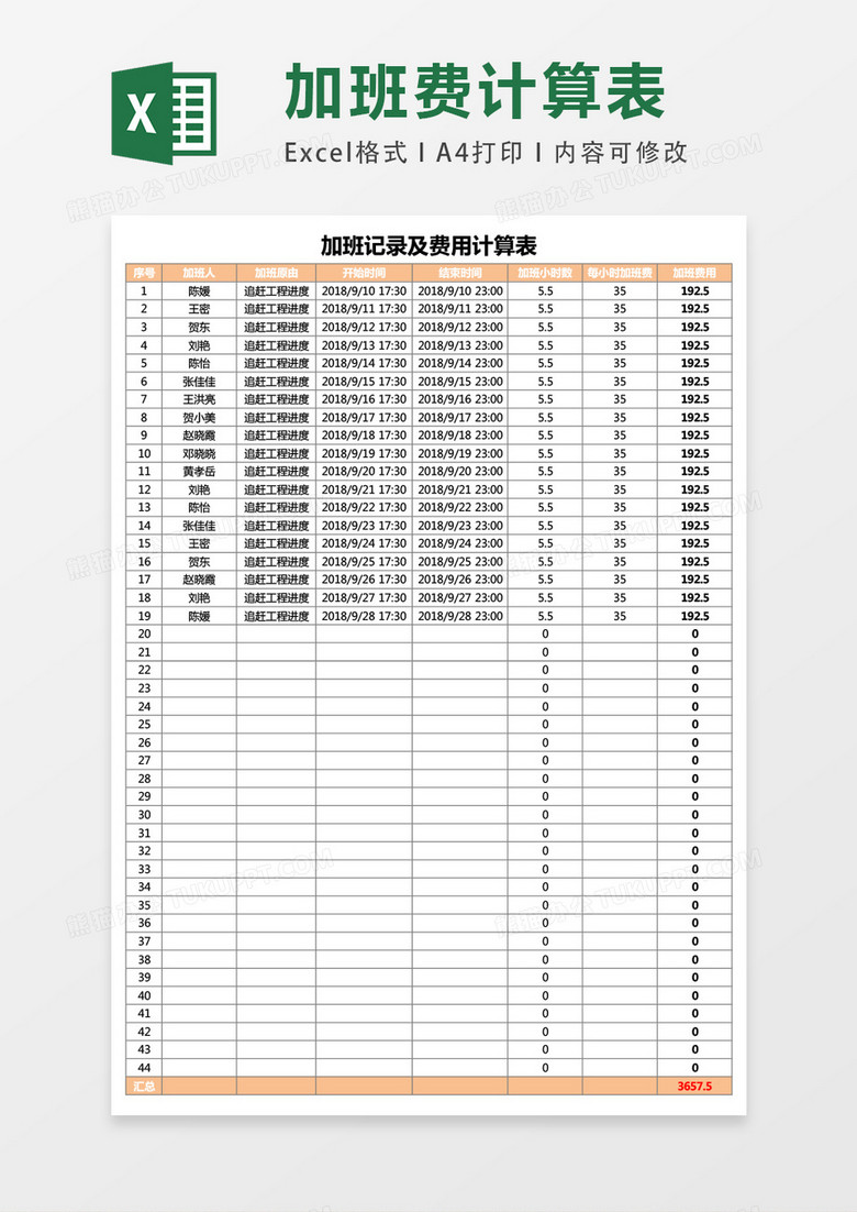 加班记录即费用计算表excel表格模板 加班记录即费用计算表excel表格模板