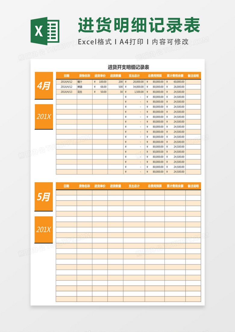 仓库进货开支明细记录表excel表格模板