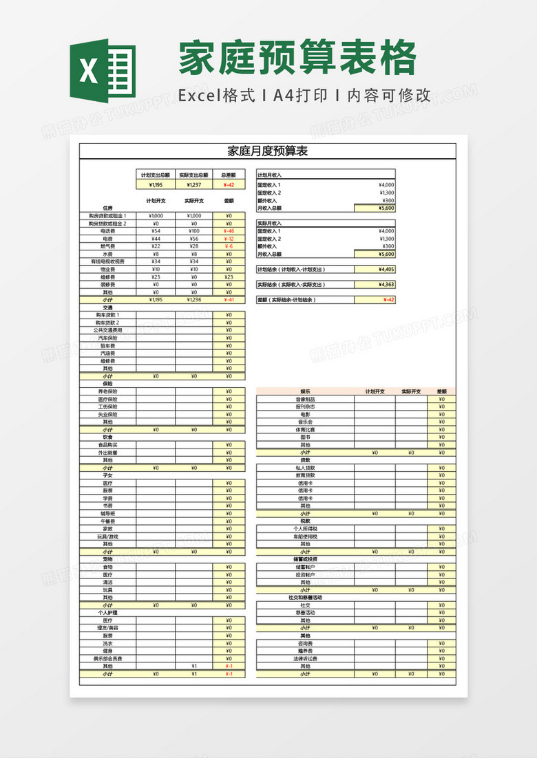 家庭月度预算表格excel表格模板