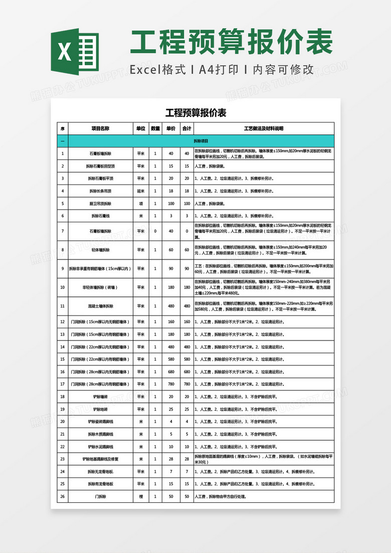 工程预算报价表excel表格模板