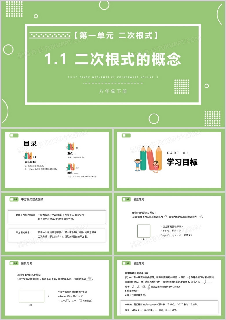 部编版八年级数学下册二次根式的概念课件PPT模板