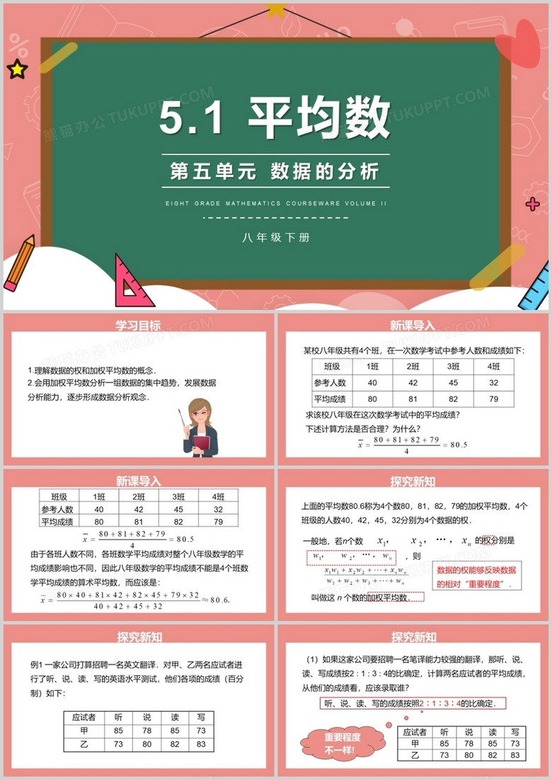 部编版八年级数学下册平均数课件PPT模板