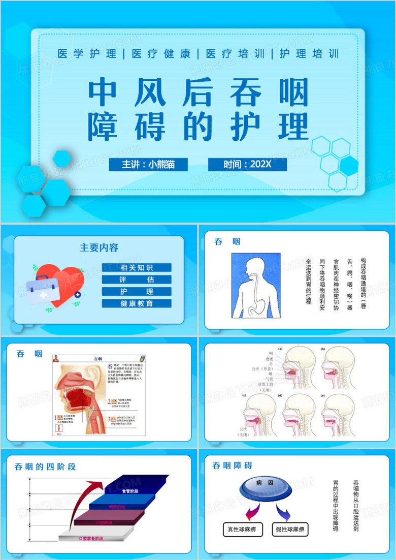 蓝色简约风脑卒中吞咽障碍护理PPT模板