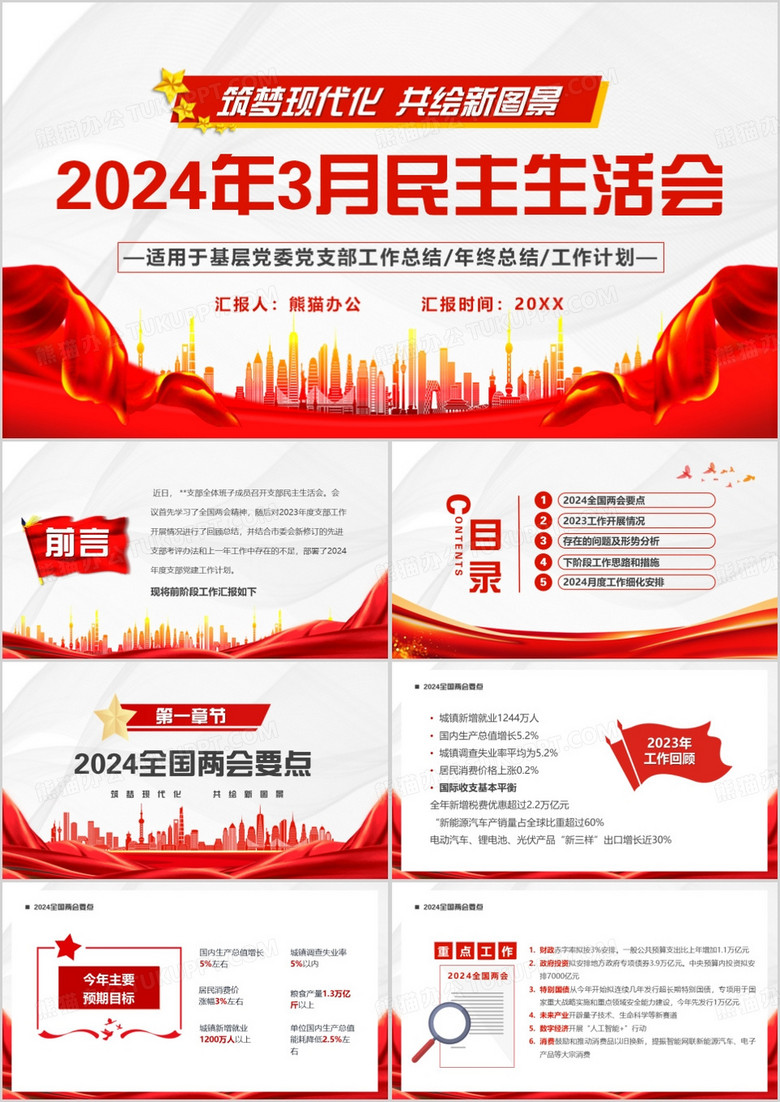 红色党政风2024民主生活会PPT模板