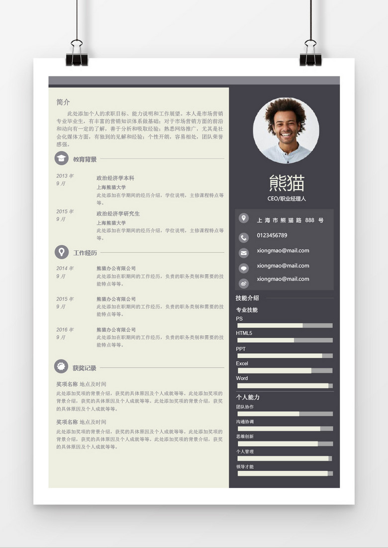 灰色职业经理人求职简历Word简历模板