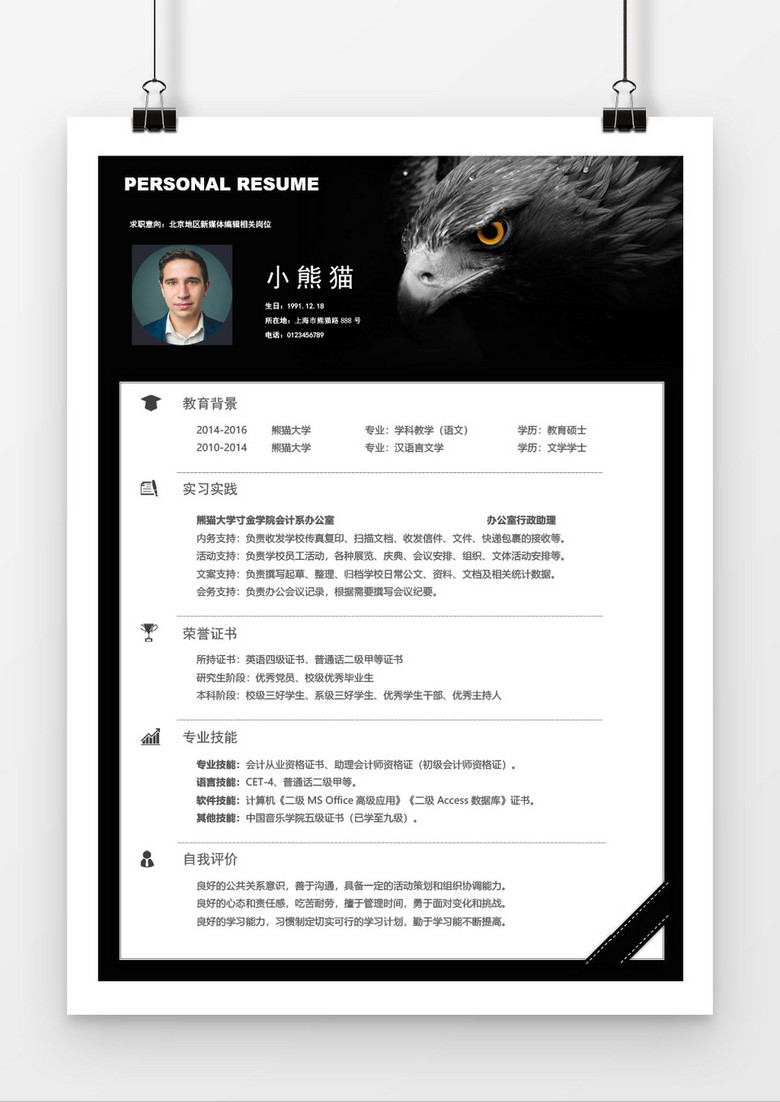 高大上黑鹰个人简历模板word简历