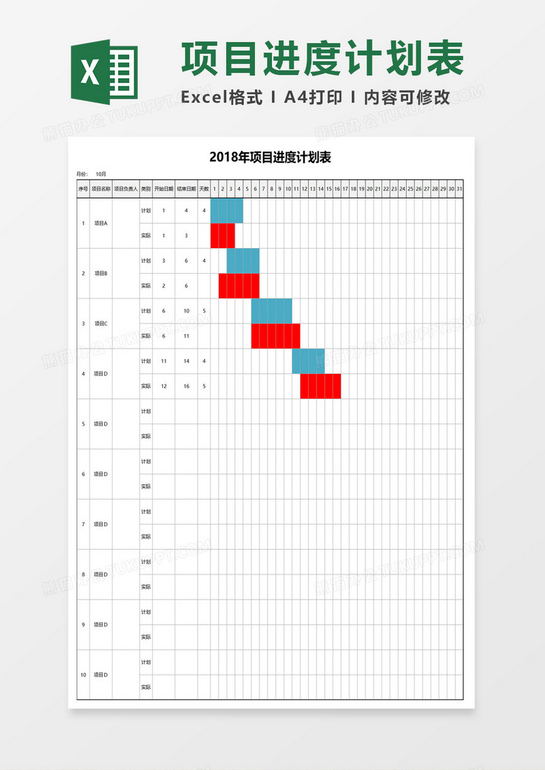 各个项目月份进度计划表格甘特图excel模板