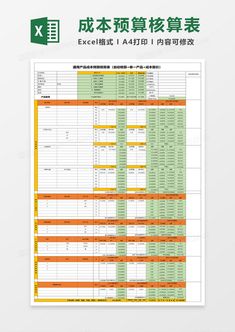 产品成本预算核算表excel模板