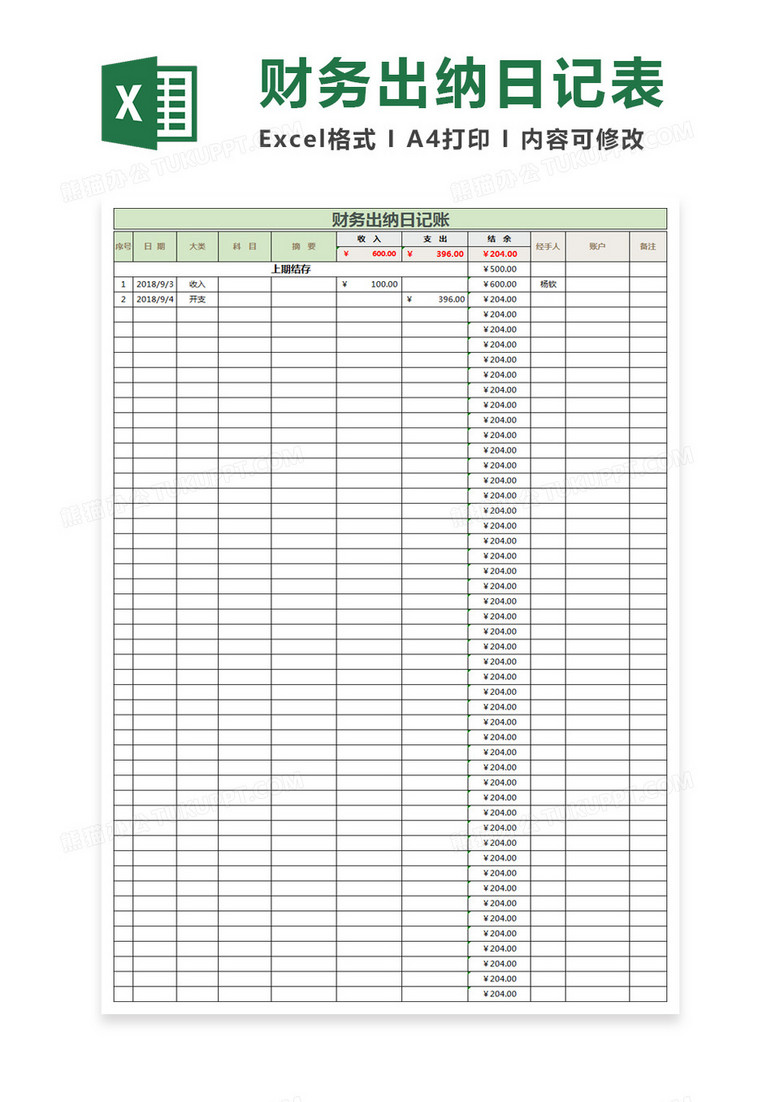 简约财务出纳日记账excel模板