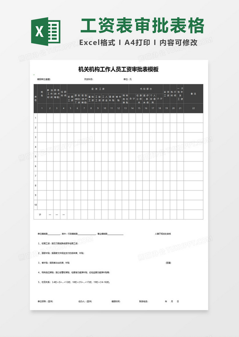 机关机构工作人员工资审批表模板excel模板