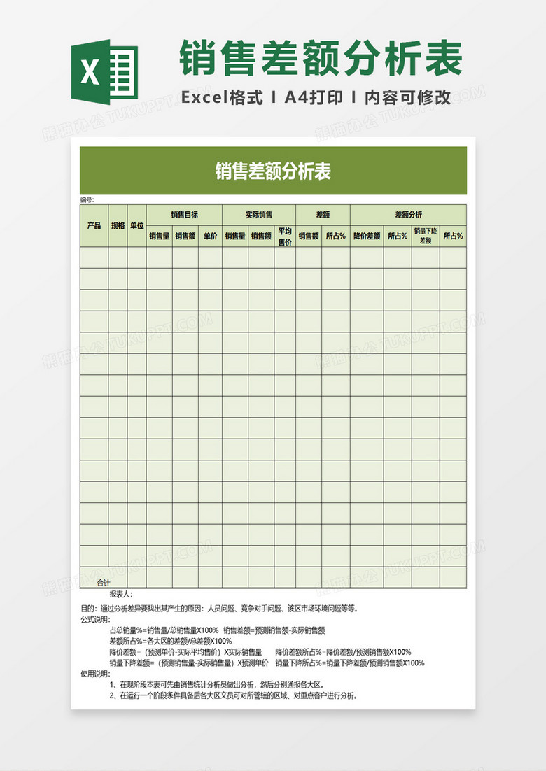 产品销售差额分析excel模板
