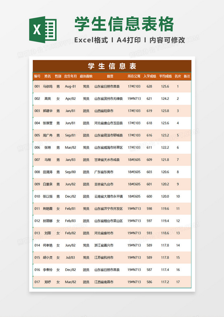 简约学生信息表excel表格