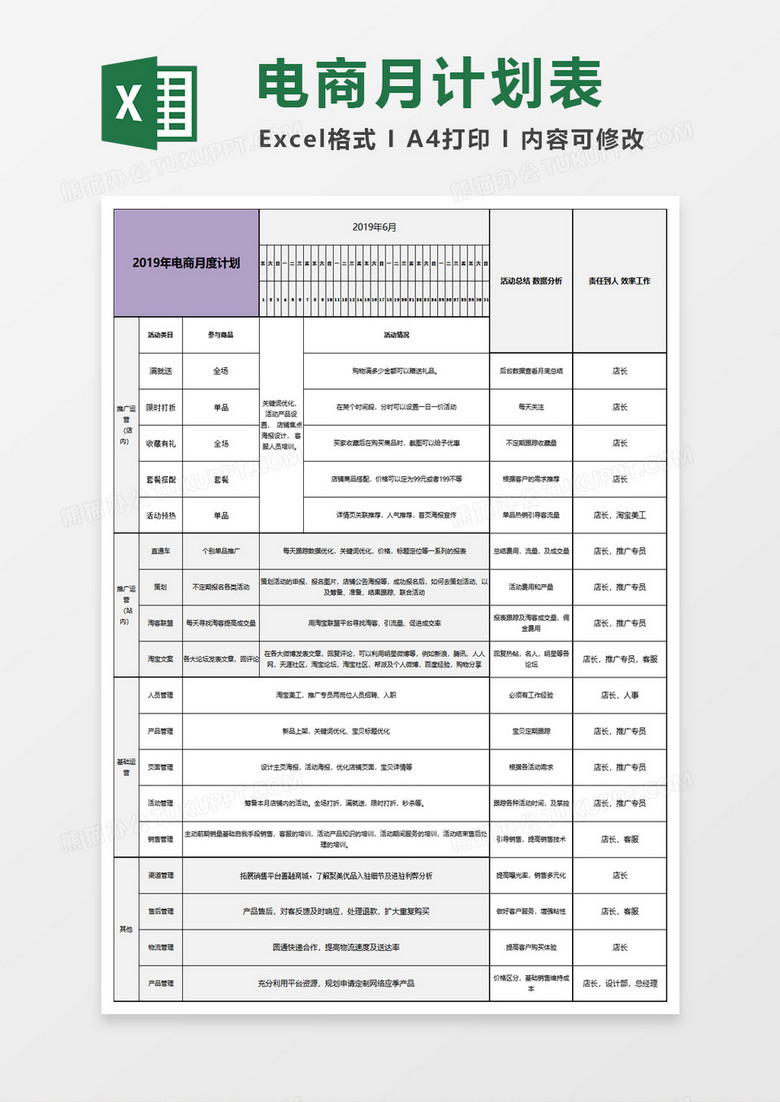 电商运营计划表格月计划年计划excel模板