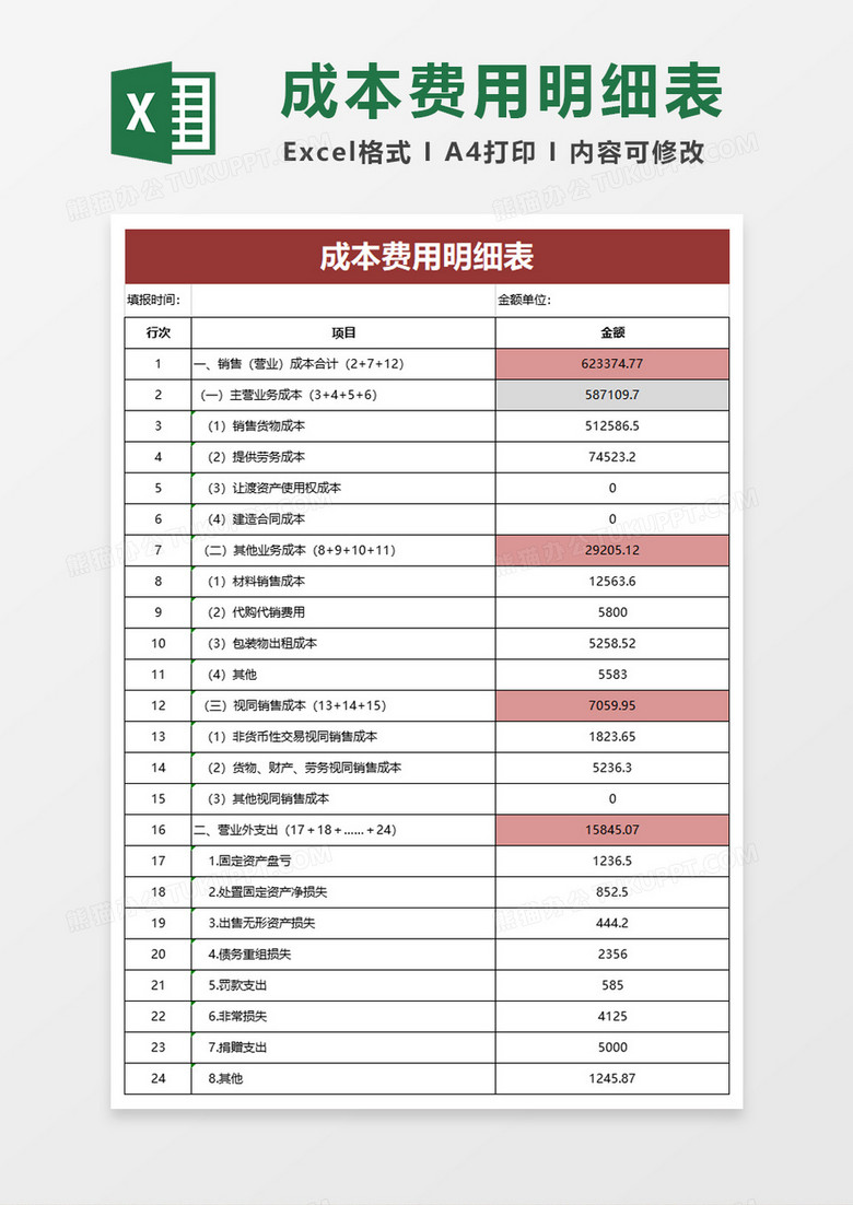 成本费用明细表excel模板