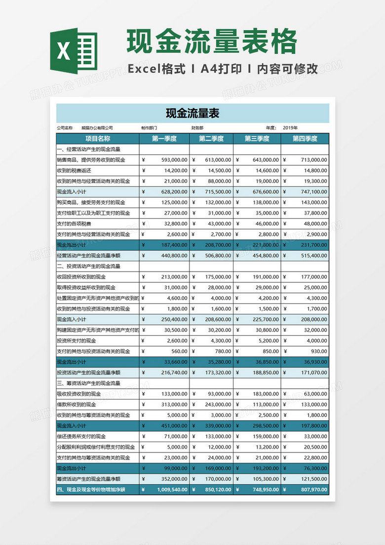 绿色现金流量表excel模板