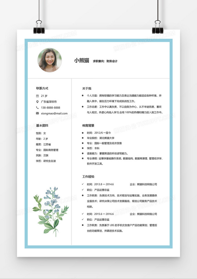 简约清新线框会计2年工作经验简历word模板