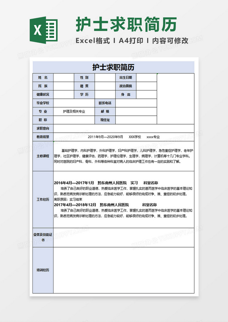 护士求职简历excel模板