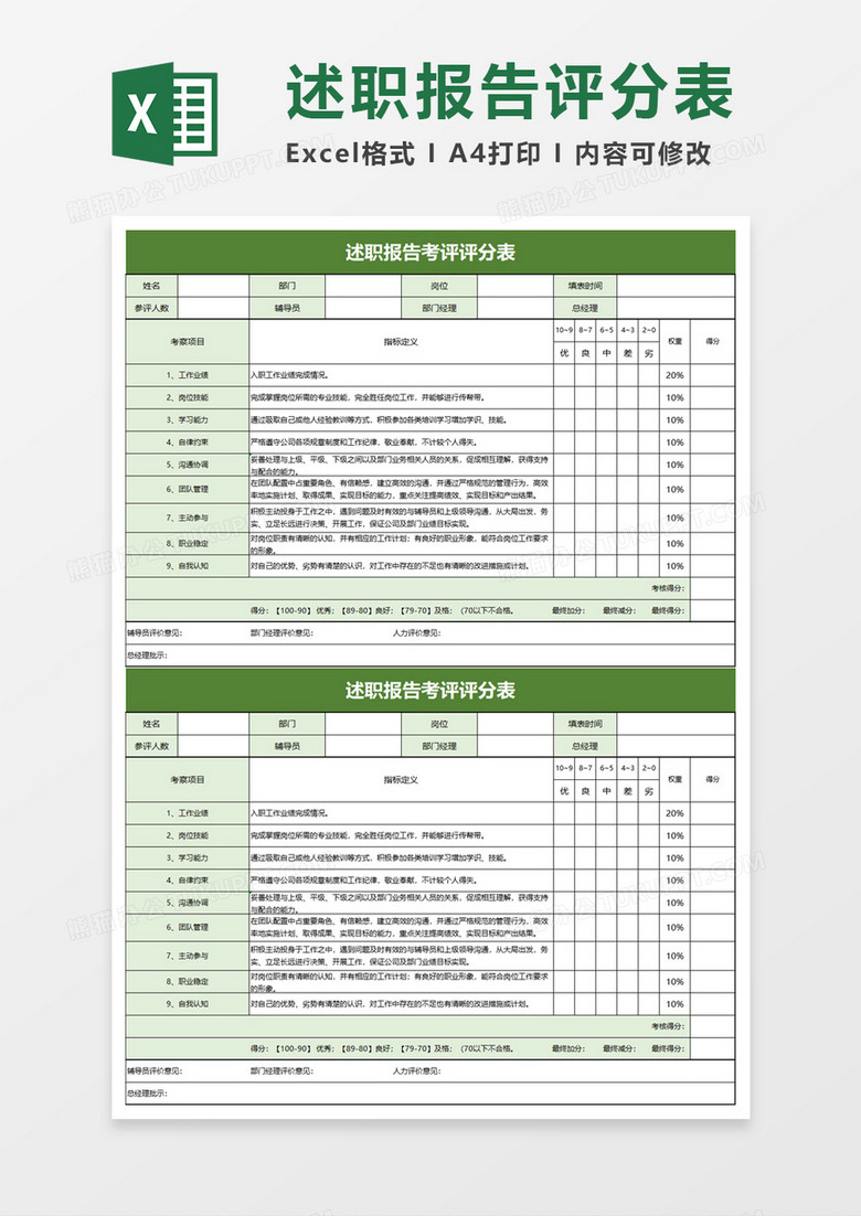 述职报告考评评分表excel模板