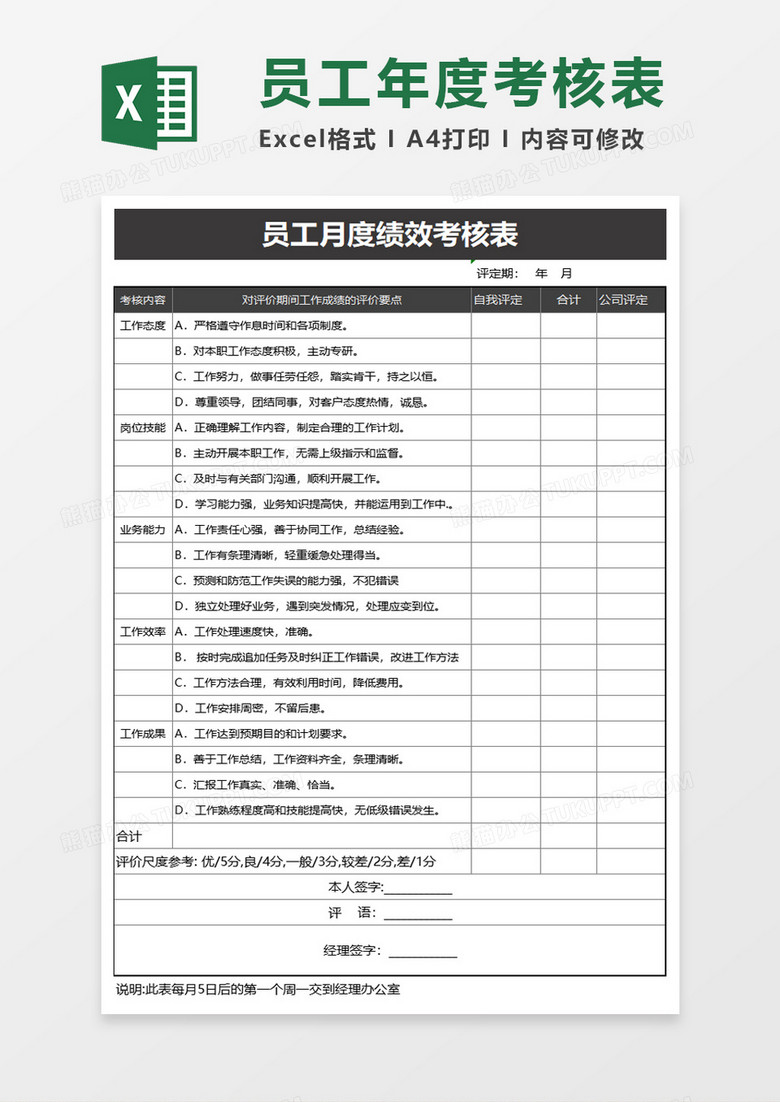 员工月度绩效考核表excel模板