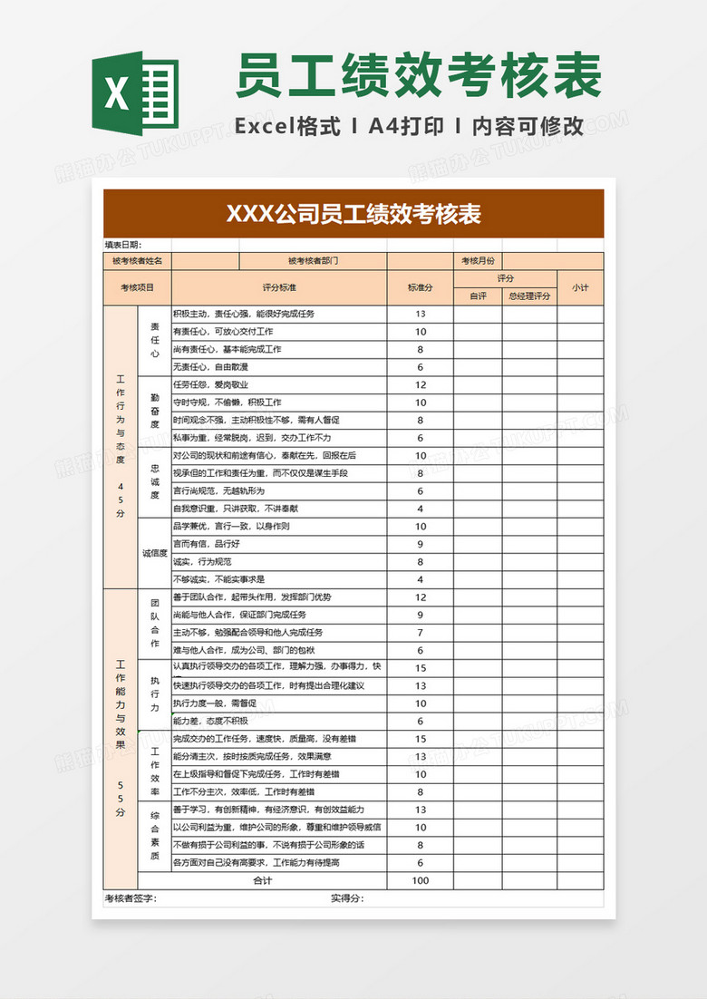 简约公司员工绩效考核表excel模板
