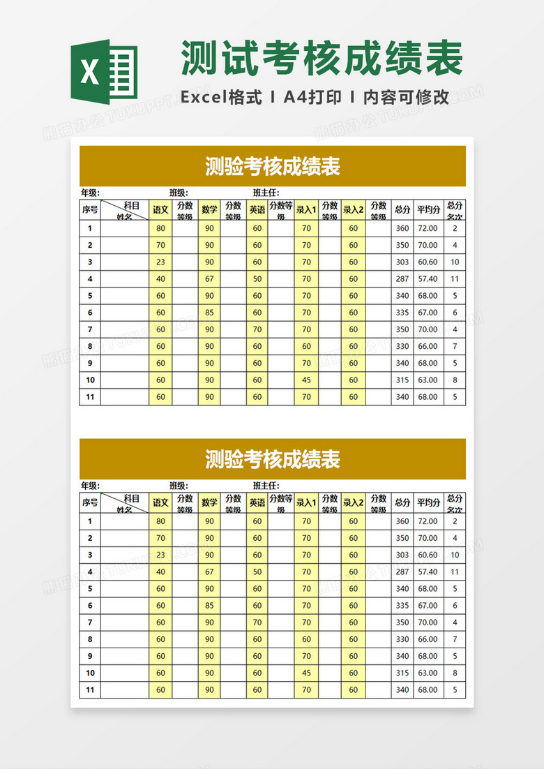 测验考核成绩表excel模板