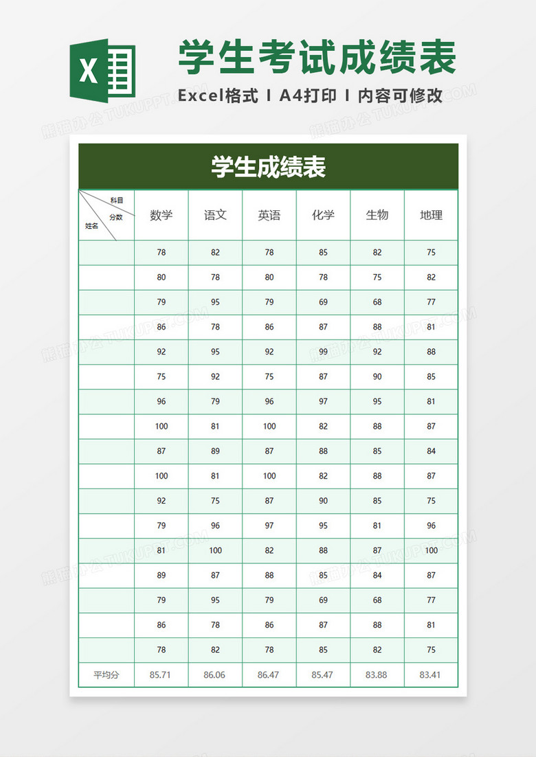 绿色简洁学生成绩表excel模板