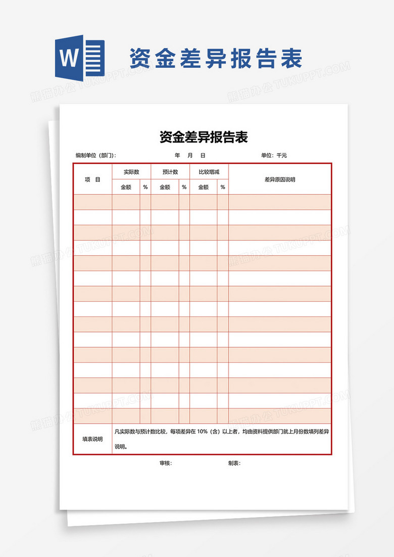 资金差异报告表word模板